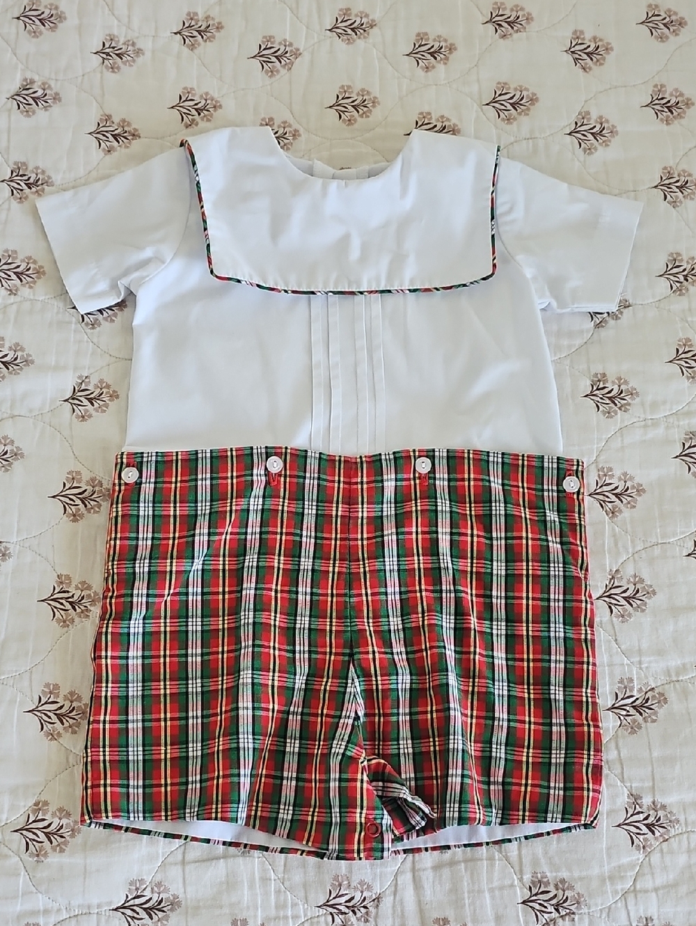 The Beaufort Bonnet Company White Top with Red & Green Plaid Romper